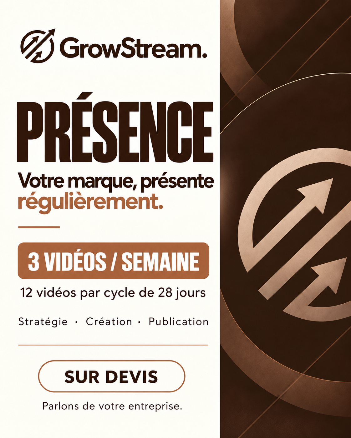 Couverture GrowStream. — Présence, 3 vidéos par semaine, sur devis.
